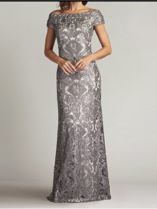 Tadashi Shoji Dresses & Skirts - Tadashi Shoji Silver Lace Off-Shoulder Maxi Gown